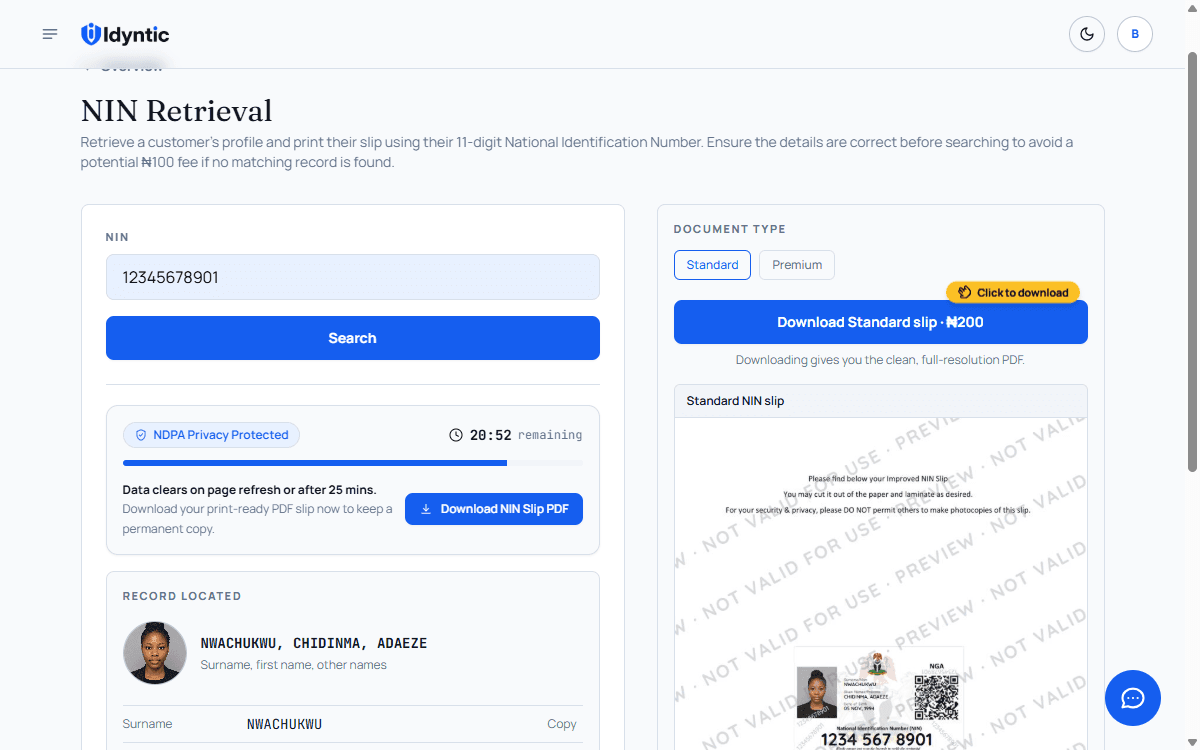 Idyntic Dashboard NIN Search and Verification Preview