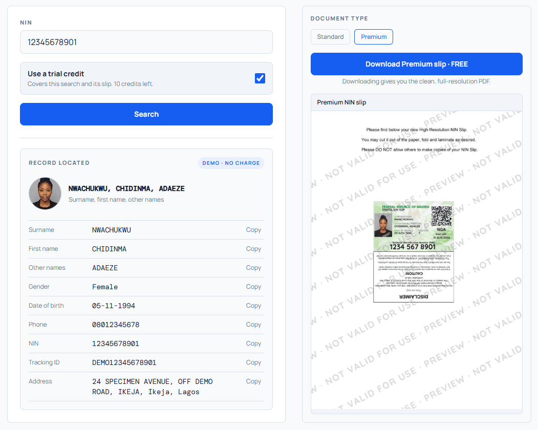 Premium NIN slip preview in the Idyntic dashboard