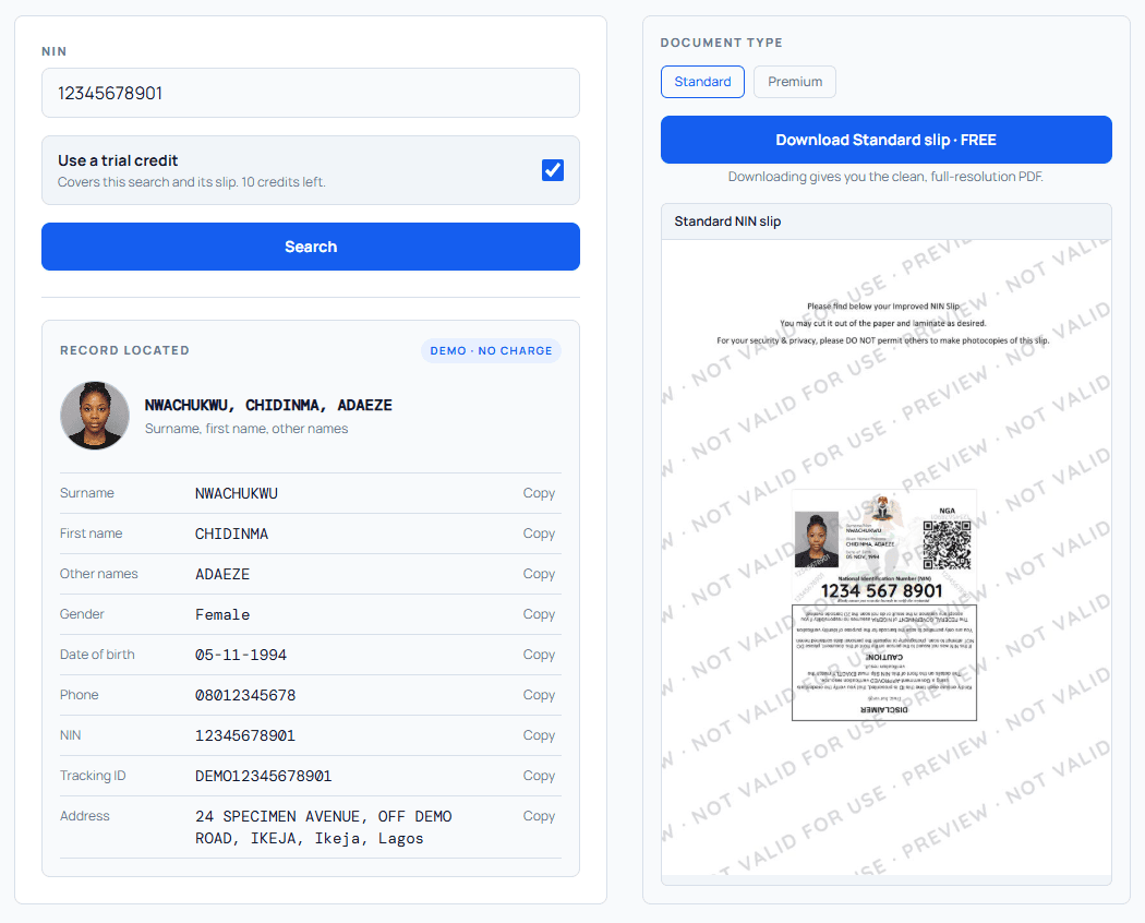 NIN record and Standard slip preview in the Idyntic dashboard