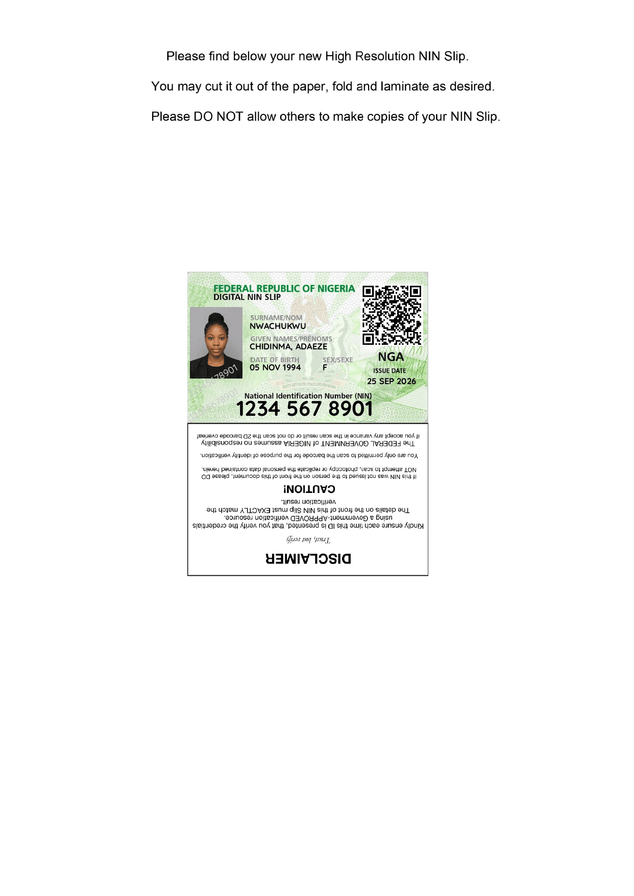 Premium NIN Slip Full Document